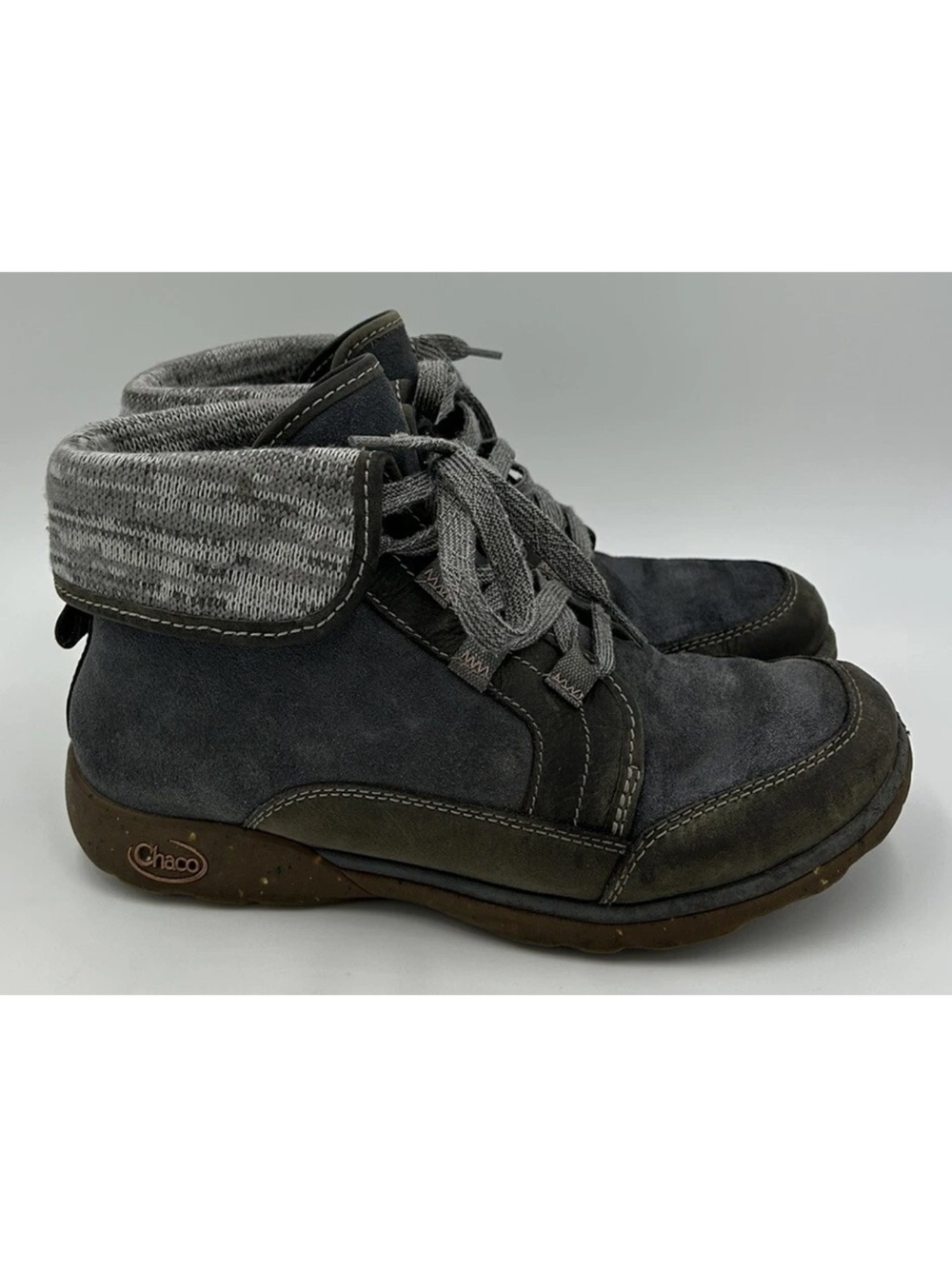 Chaco Womens Barbary Chukka Bootie Boots Gray Leather Knit Ankle Lace Up Sz 8